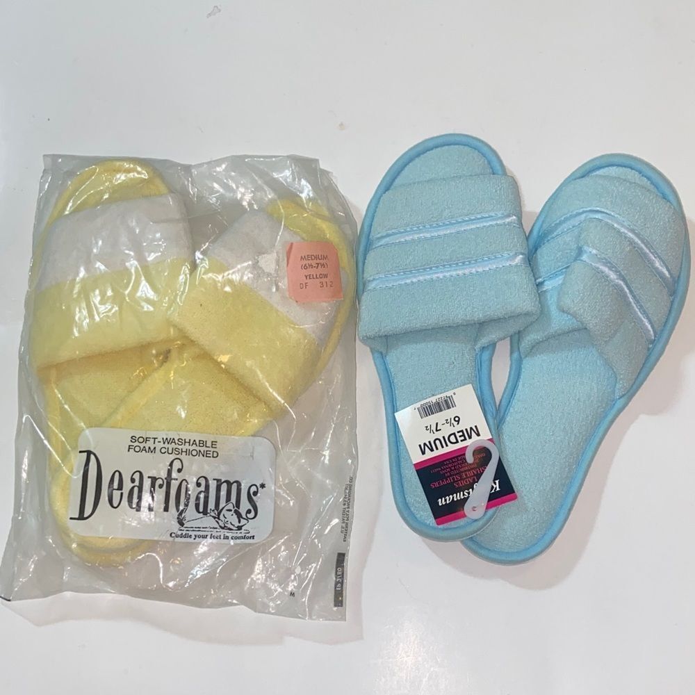 Vtg,Dearfoams Women’s Slippers - Sky Blue And Sunny Yellow Medium Sz, 6.5-7.5 Us